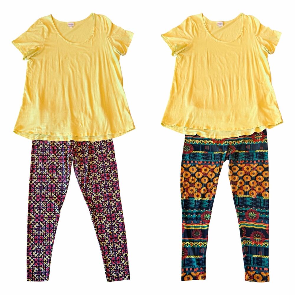 LuLaRoe Bundle 3 PC: Yellow Short Sleeve Top & 2 Pair TC Leggings Patterned